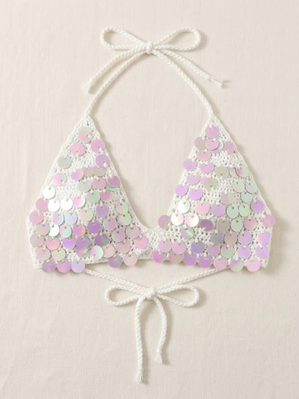 White Handmade Crochet Festival Y2K Sequins Halter Top M
